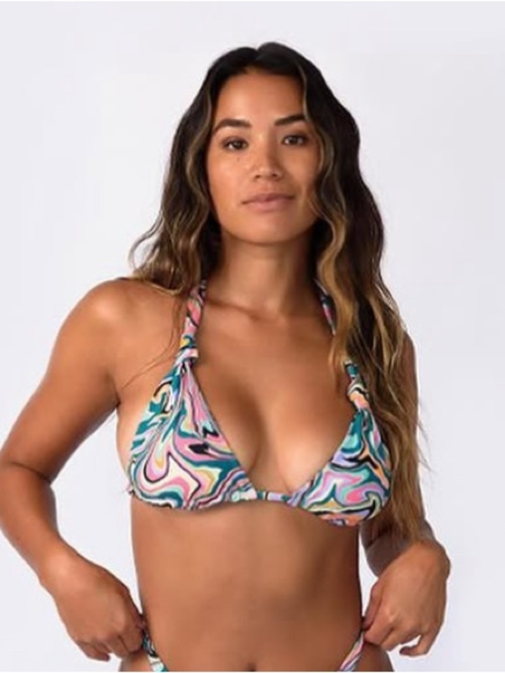 Skatie Darby top in Sedona - a swirl pattern in pink, teal, yellow, black